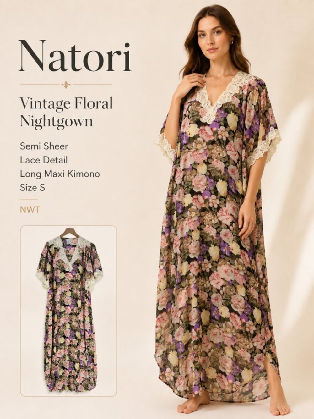 Natori Vintage Floral Semi Sheer Nightgown Dress Lace Detail Long Maxi Kimono S